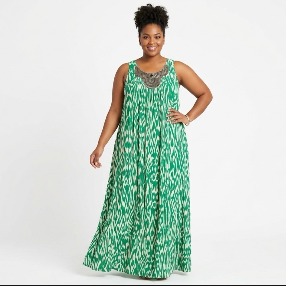 Denim 24/7 Boho Green Ikat Maxi Dress Beaded Neckline 22W